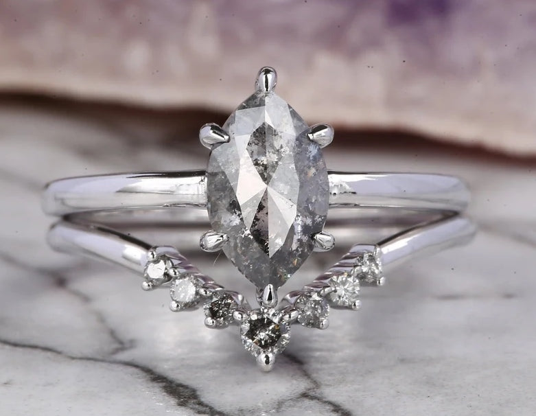 Salt and Pepper Diamond Engagement Ring ! 14K White Gold For Wedding Anniversary With Band Set ! Gift For Her